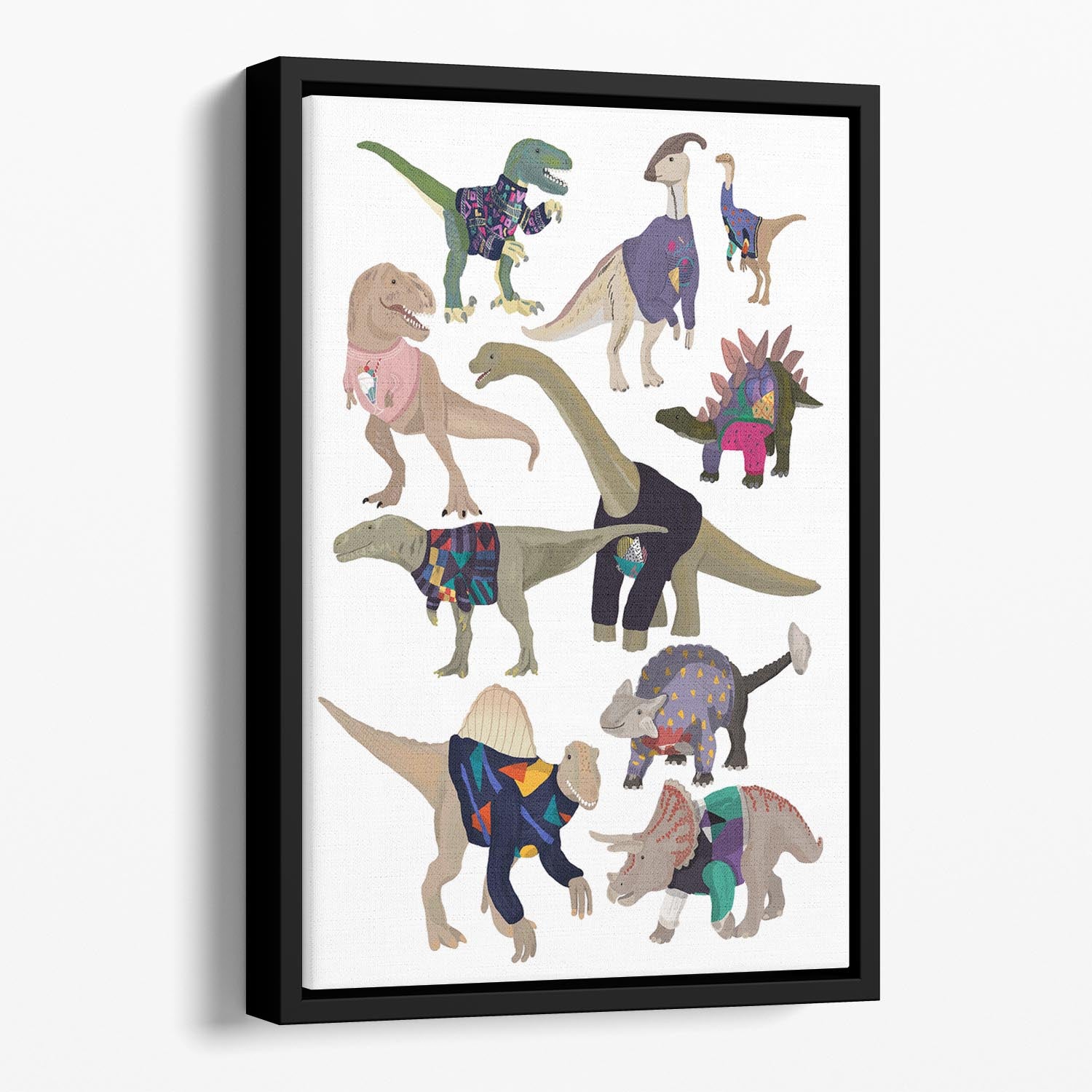 Dinosaurs In 80s Jumpers Floating Framed Canvas - 1x - 1