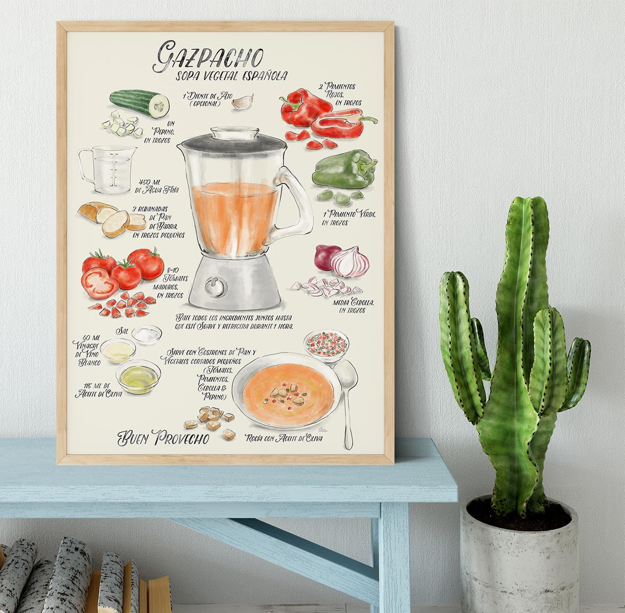 Gazpacho illustrated recipe in Spanish Framed Print - Canvas Art Rocks - 4