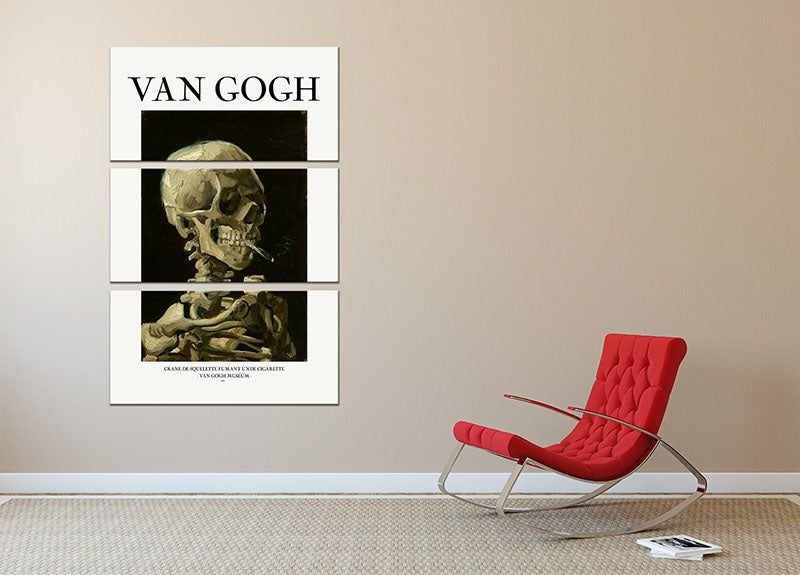 Head of a skeleton with a burning cigarette Titled 3 Split Panel Canvas Print - Canvas Art Rocks - 2