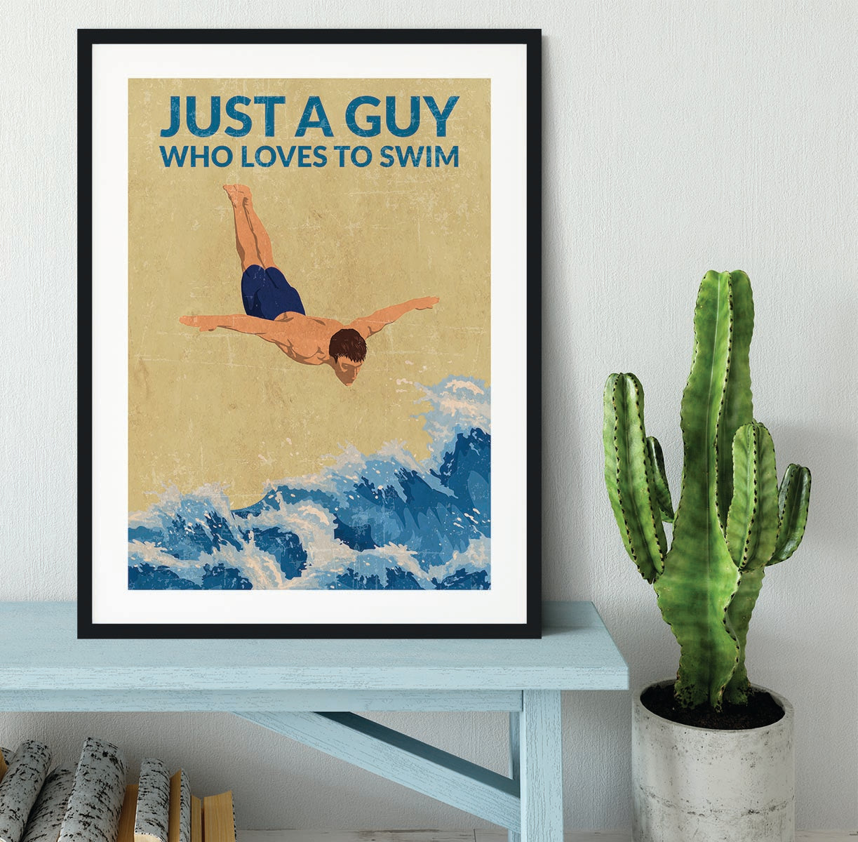 Just a Guy Who Loves To Swim blue Framed Print - 1x - 1