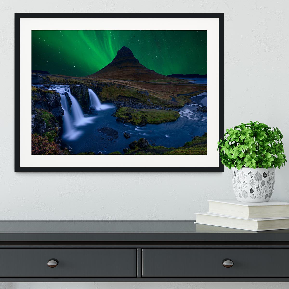 Kirkjufell Under a boreal green sky Framed Print - Canvas Art Rocks - 1