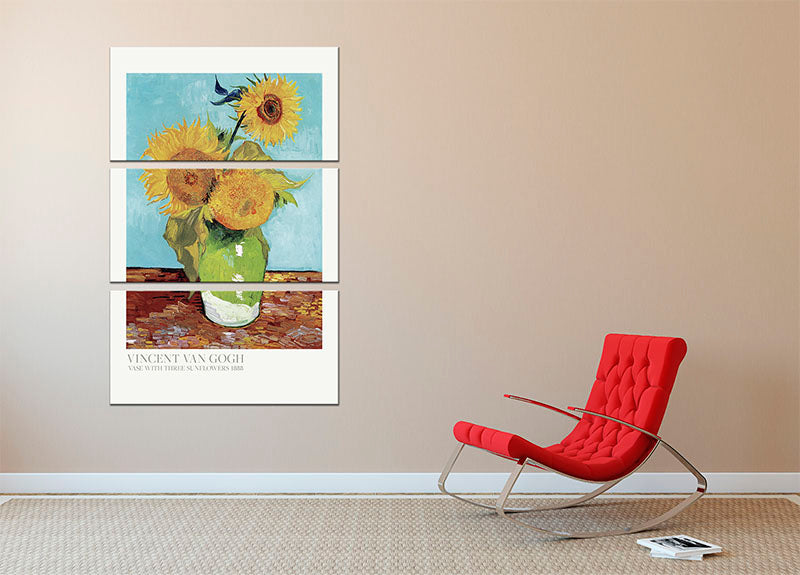 Vase With Three Sunflowers Titled 3 Split Panel Canvas Print - Canvas Art Rocks - 2