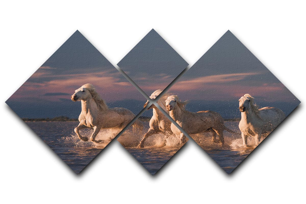 Wite Horses Running In Water 2 4 Square Multi Panel Canvas - Canvas Art Rocks - 1