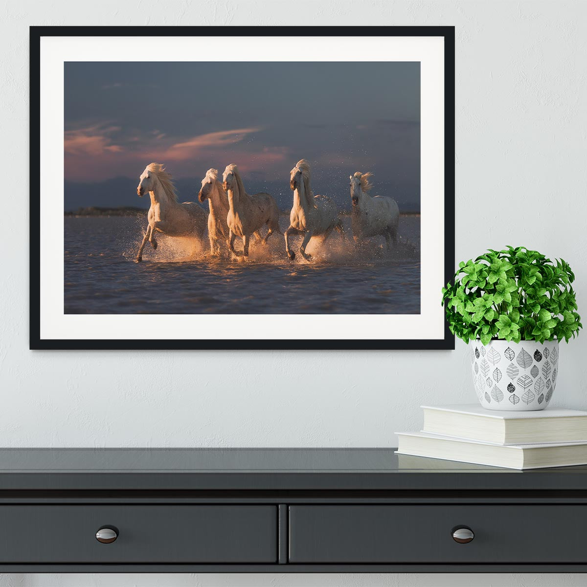 Camargue horses on sunset Framed Print - Canvas Art Rocks - 1