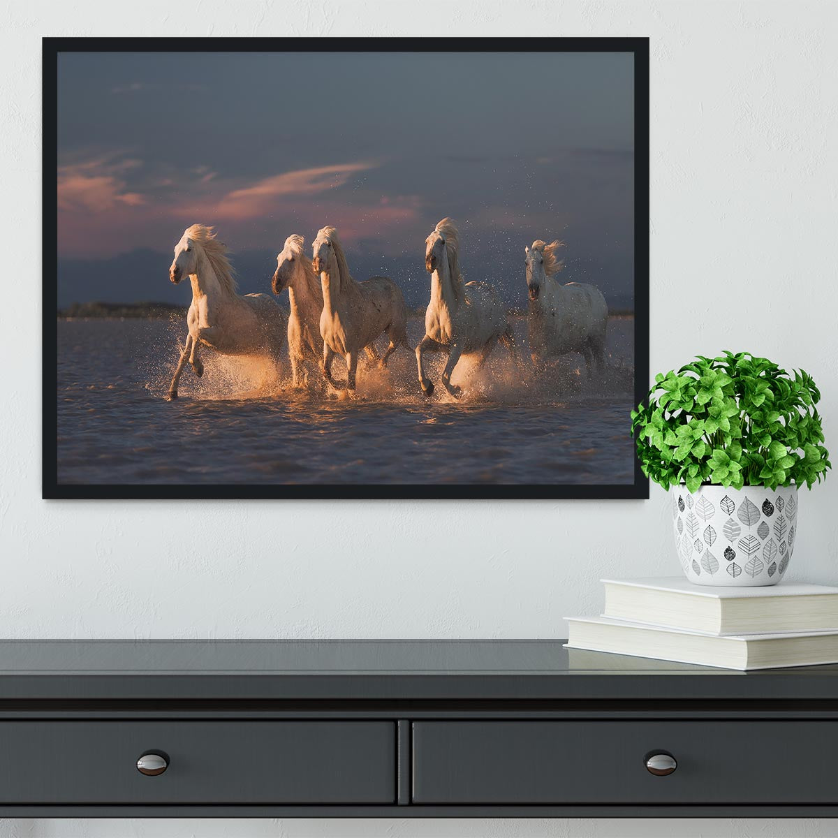 Camargue horses on sunset Framed Print - Canvas Art Rocks - 2