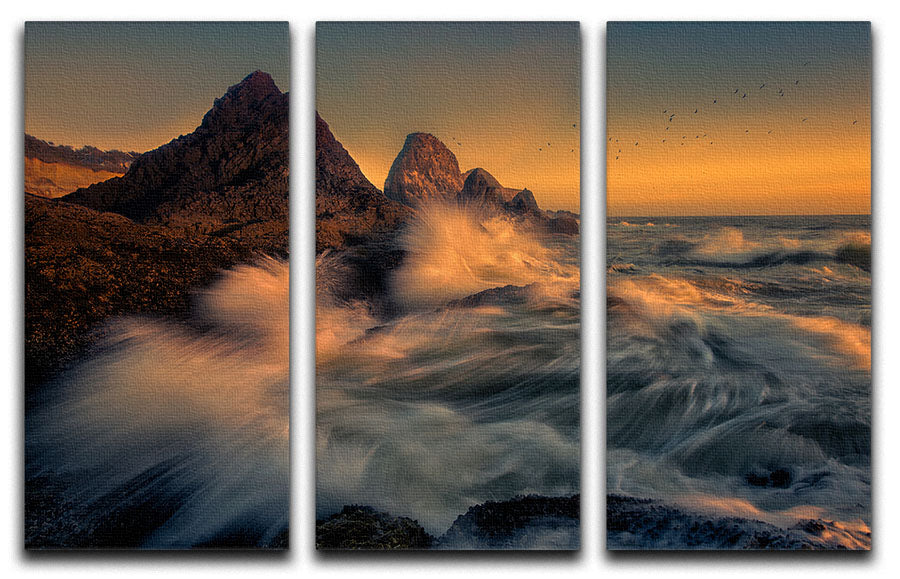 Waves Crashing Into Cliff 3 Split Panel Canvas Print - Canvas Art Rocks - 1