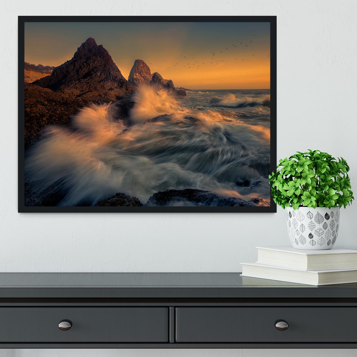 Waves Crashing Into Cliff Framed Print - Canvas Art Rocks - 2