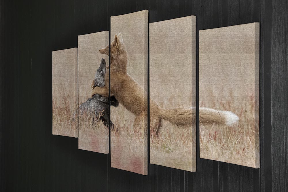 Two Foxes Playing In The Grass 5 Split Panel Canvas - Canvas Art Rocks - 2