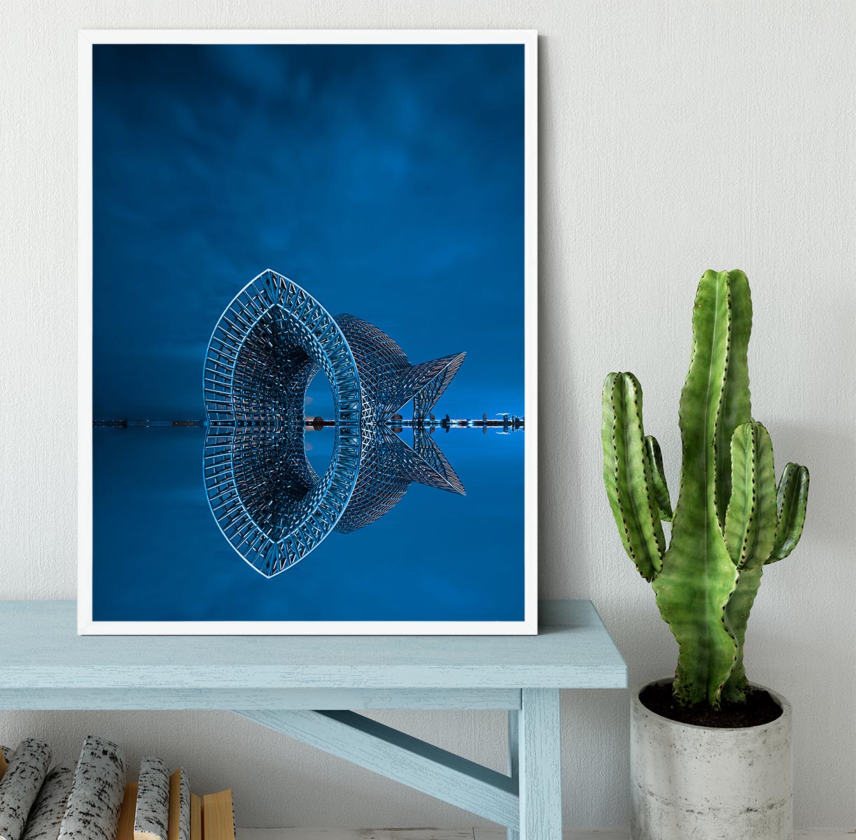 Blue Sculpture Reflected In The Sea Framed Print - Canvas Art Rocks -6