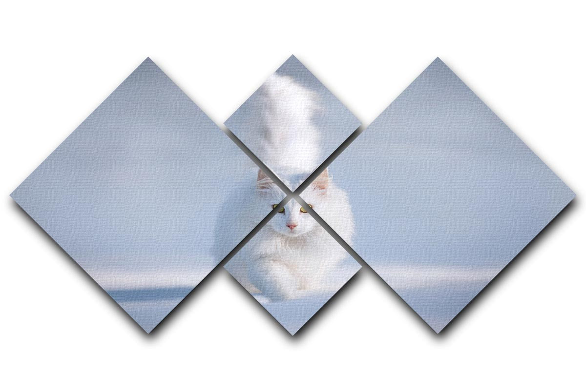 White Kitten Running In Snow 4 Square Multi Panel Canvas - Canvas Art Rocks - 1
