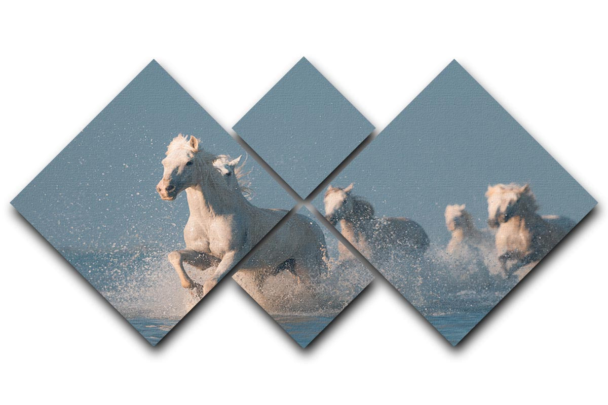 Wite Horses Running In Water 4 Square Multi Panel Canvas - Canvas Art Rocks - 1