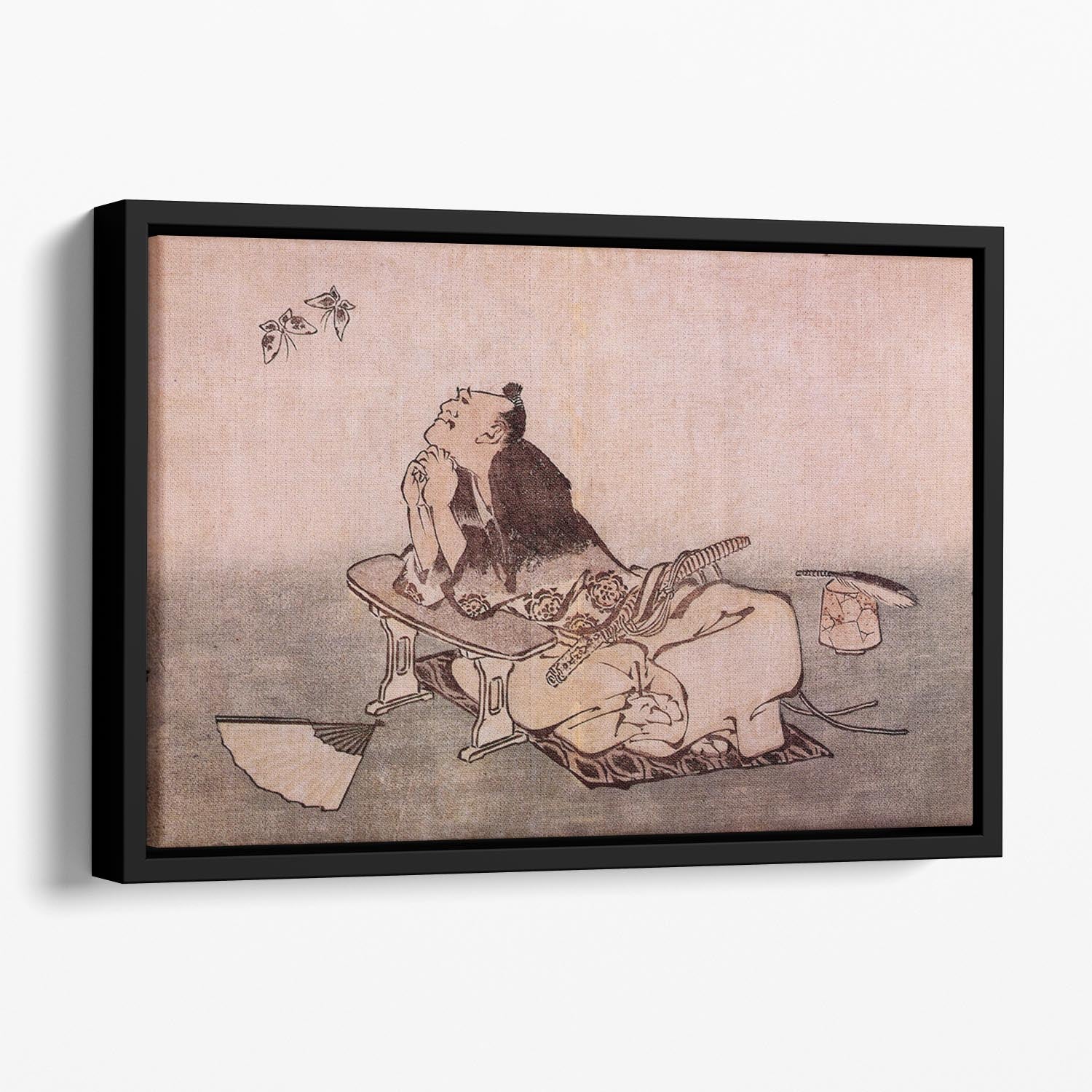 A Philospher looking at two butterflies by Hokusai Floating Framed Canvas
