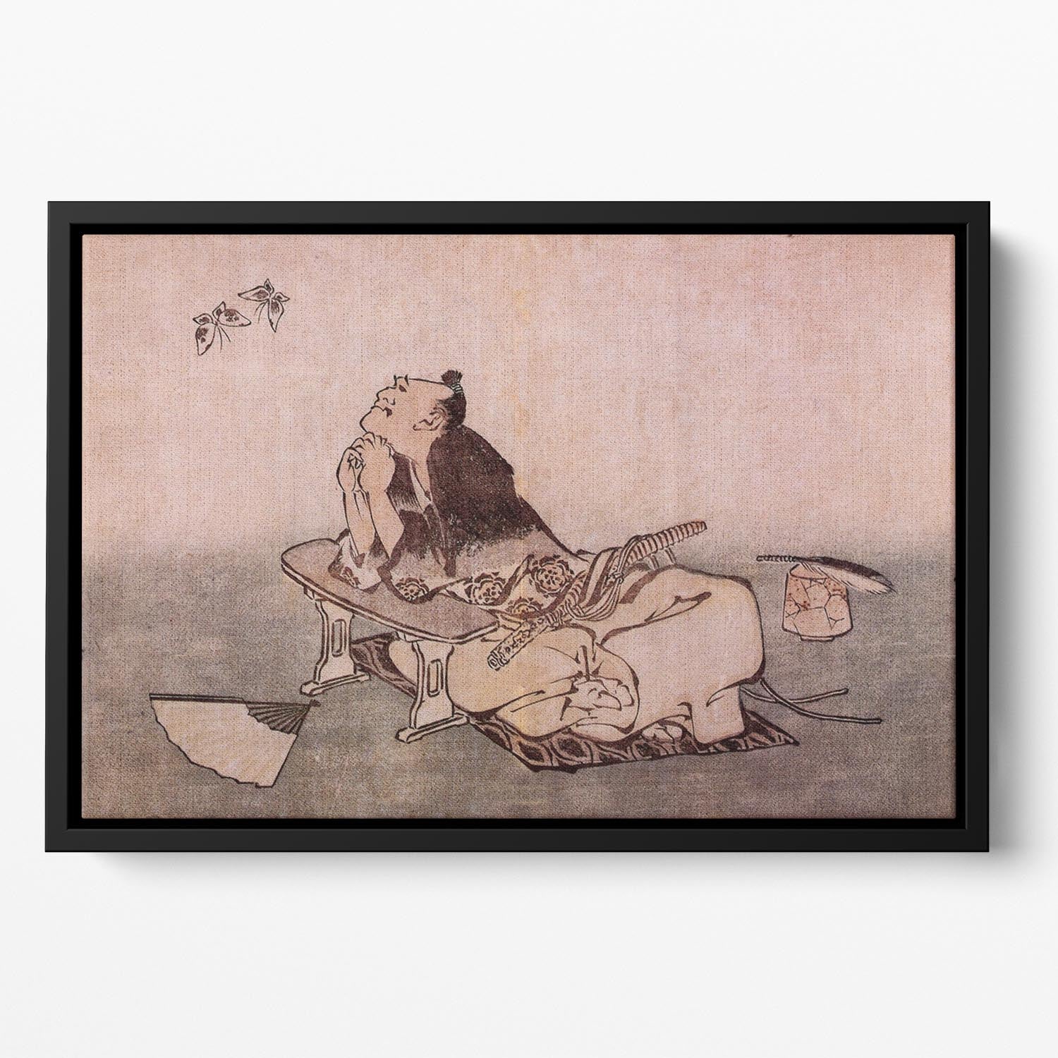 A Philospher looking at two butterflies by Hokusai Floating Framed Canvas