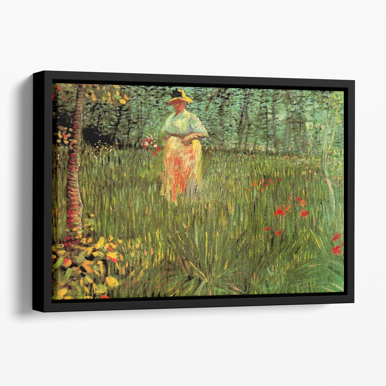 A Woman Walking in a Garden by Van Gogh Floating Framed Canvas