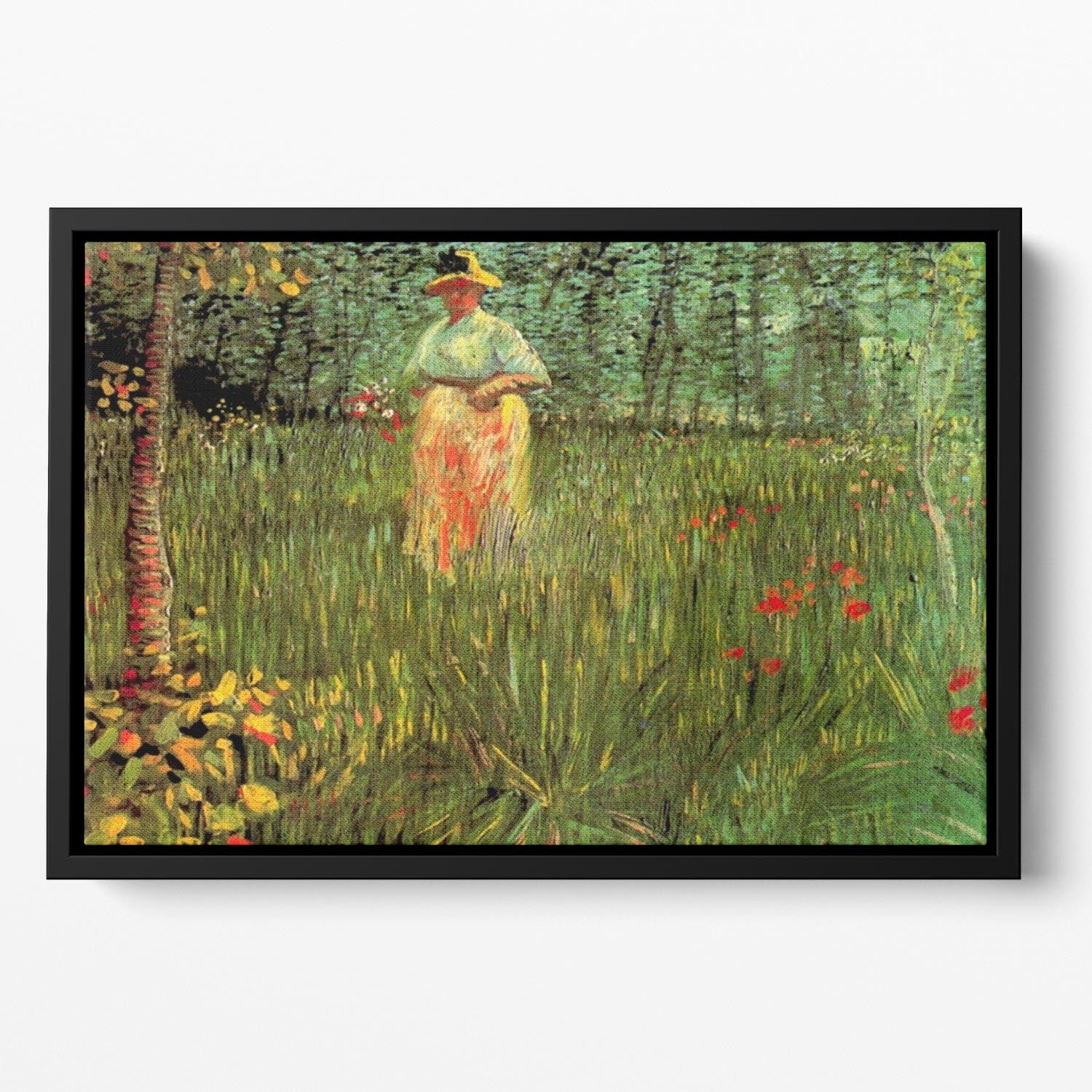 A Woman Walking in a Garden by Van Gogh Floating Framed Canvas