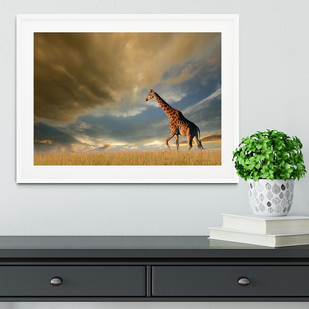 A giraffe walking on the African plains against a dramatic sky Framed Print - Canvas Art Rocks - 5
