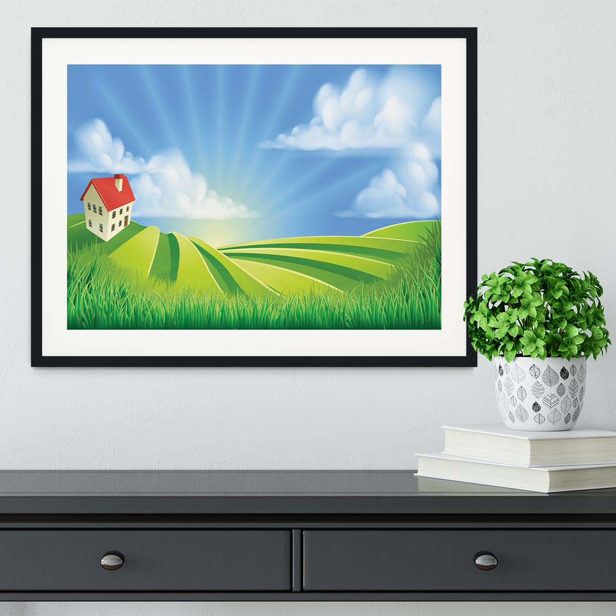 A rolling hills fields farm sunrise Framed Print - Canvas Art Rocks - 1