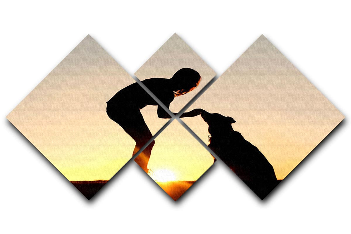 A silhouette of a girl sitting outside in the grass with her pet German Shepherd Mix Dog feeding him treats during training in front of a sunsetting sky. 4 Square Multi Panel Canvas - Canvas Art Rocks - 1