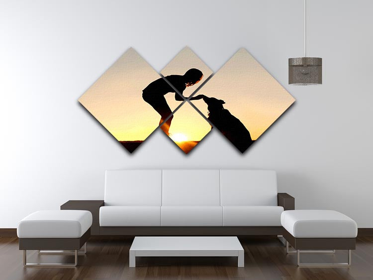 A silhouette of a girl sitting outside in the grass with her pet German Shepherd Mix Dog feeding him treats during training in front of a sunsetting sky. 4 Square Multi Panel Canvas - Canvas Art Rocks - 3