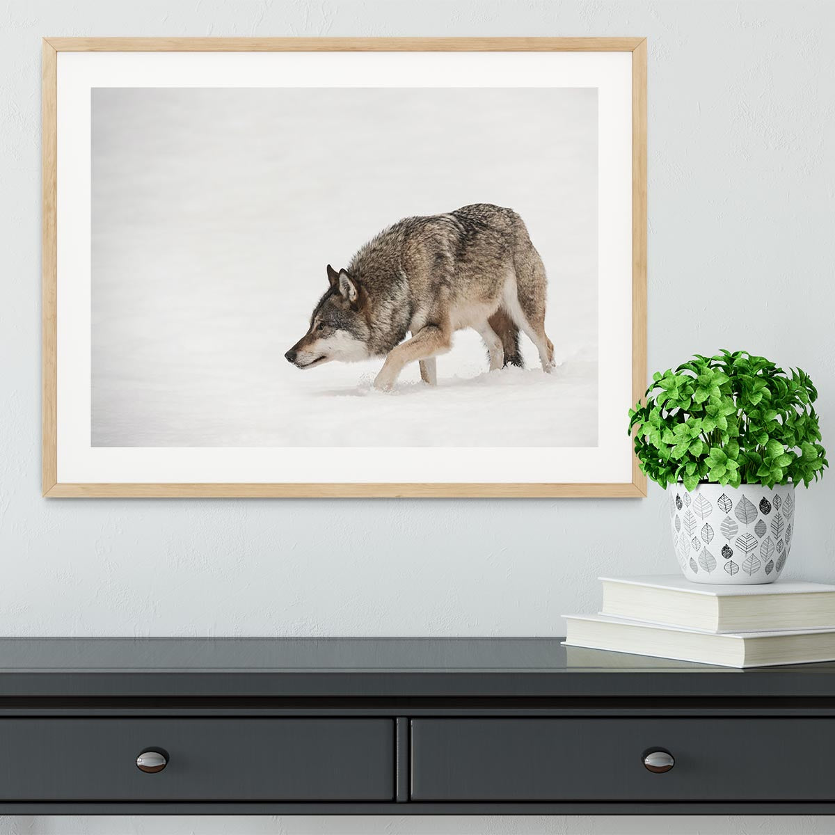 A solitary lone wolf prowls through snow Framed Print - Canvas Art Rocks - 3