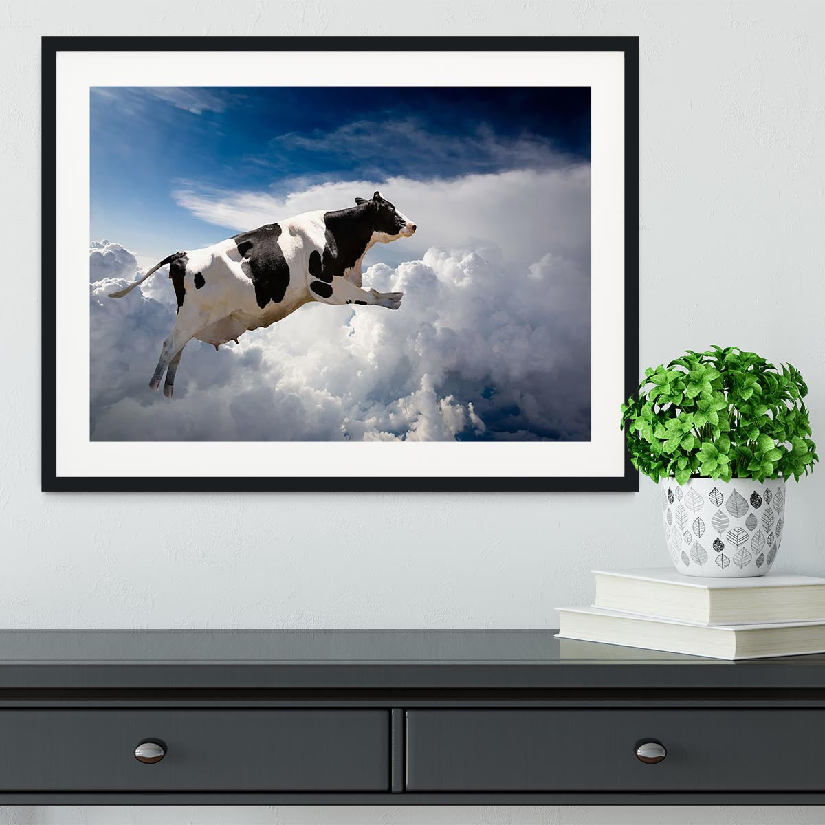 A super cow flying over clouds Framed Print - Canvas Art Rocks - 1
