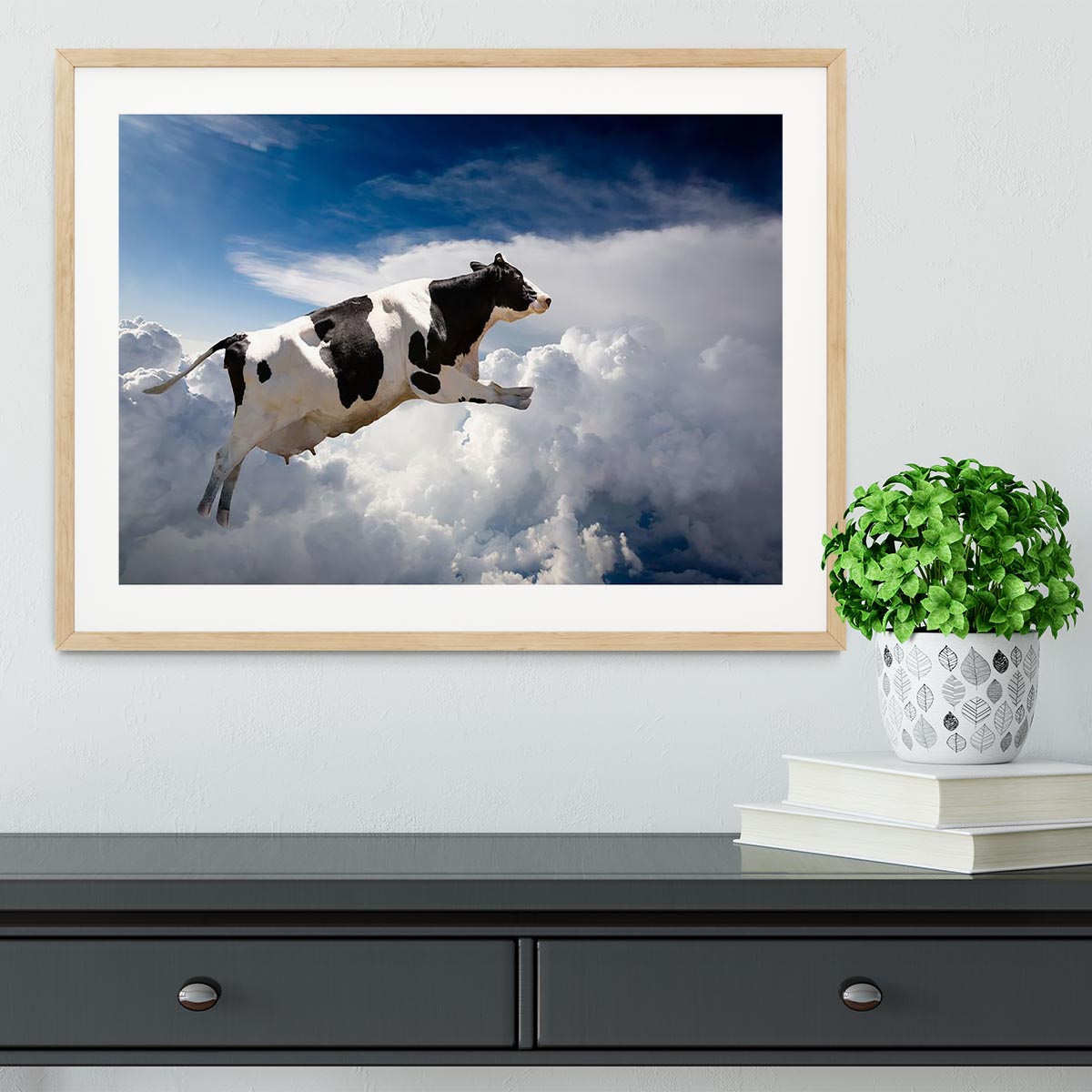 A super cow flying over clouds Framed Print - Canvas Art Rocks - 3