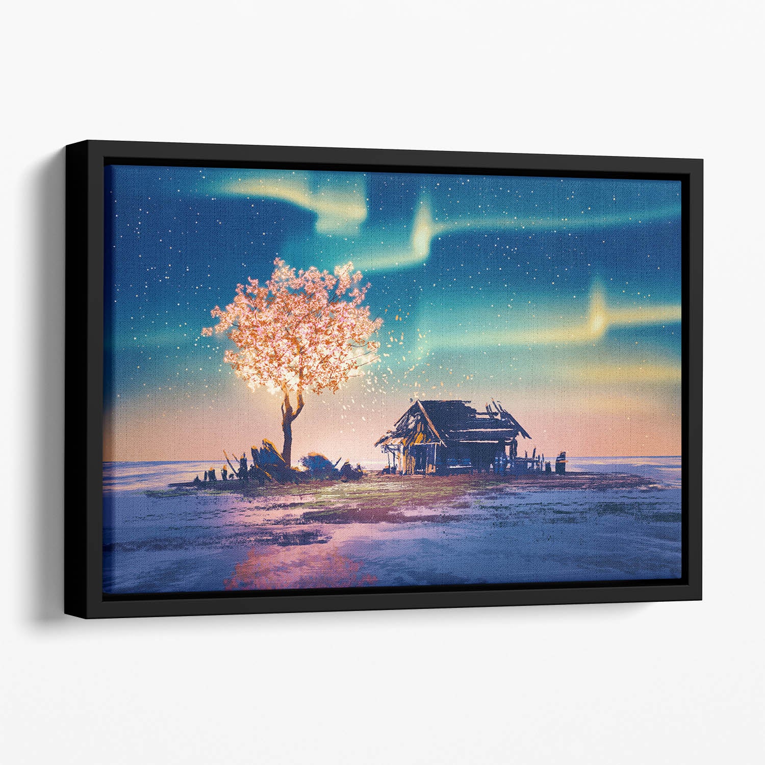 Abandoned house and fantasy tree Floating Framed Canvas