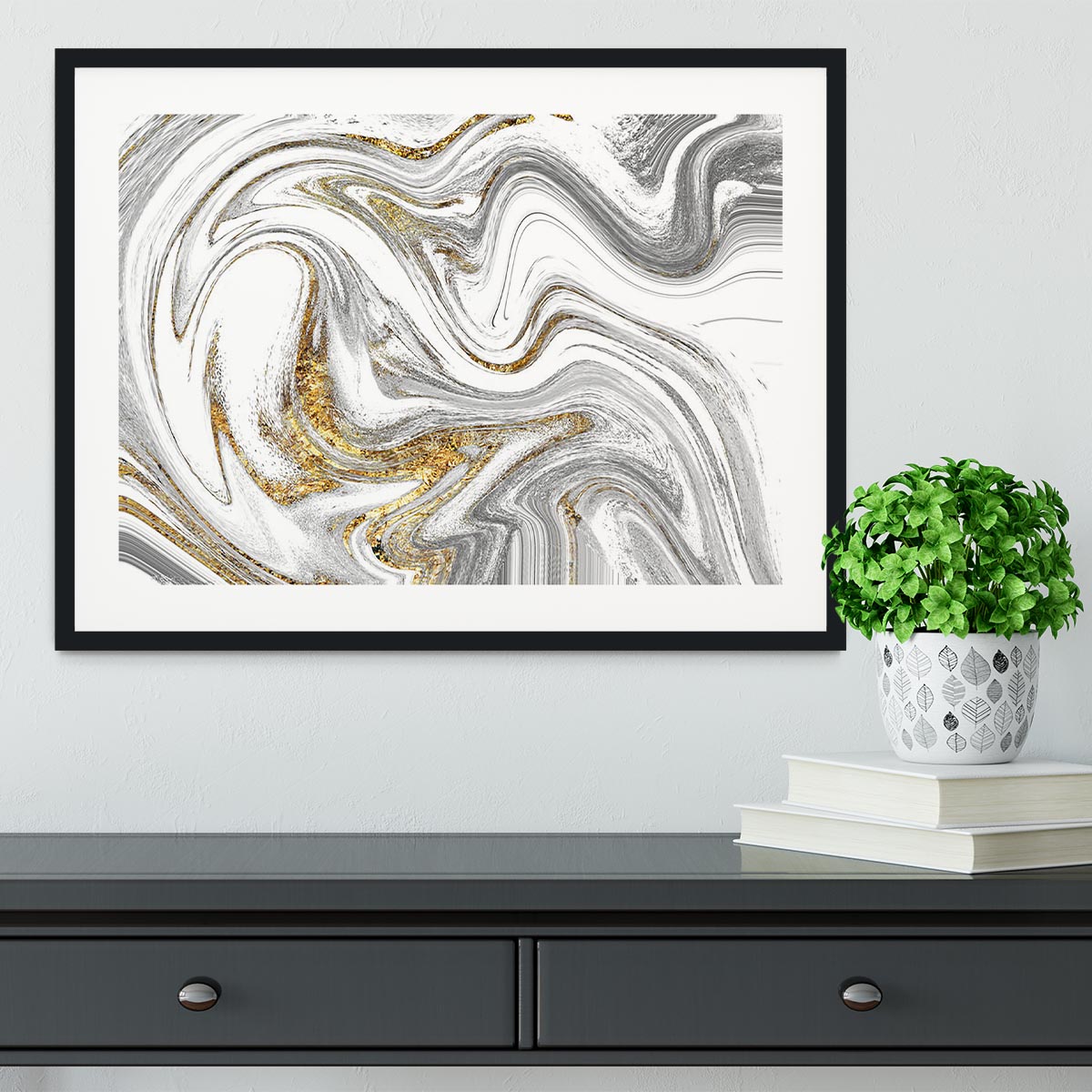 Abstract Swirled White Grey and Gold Marble Framed Print - Canvas Art Rocks - 1