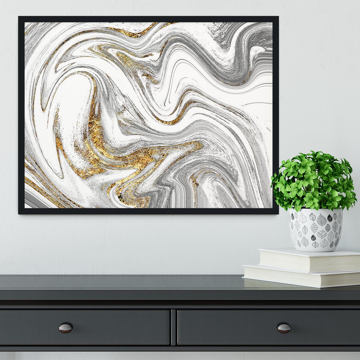 Abstract Swirled White Grey and Gold Marble Framed Print - Canvas Art Rocks - 2