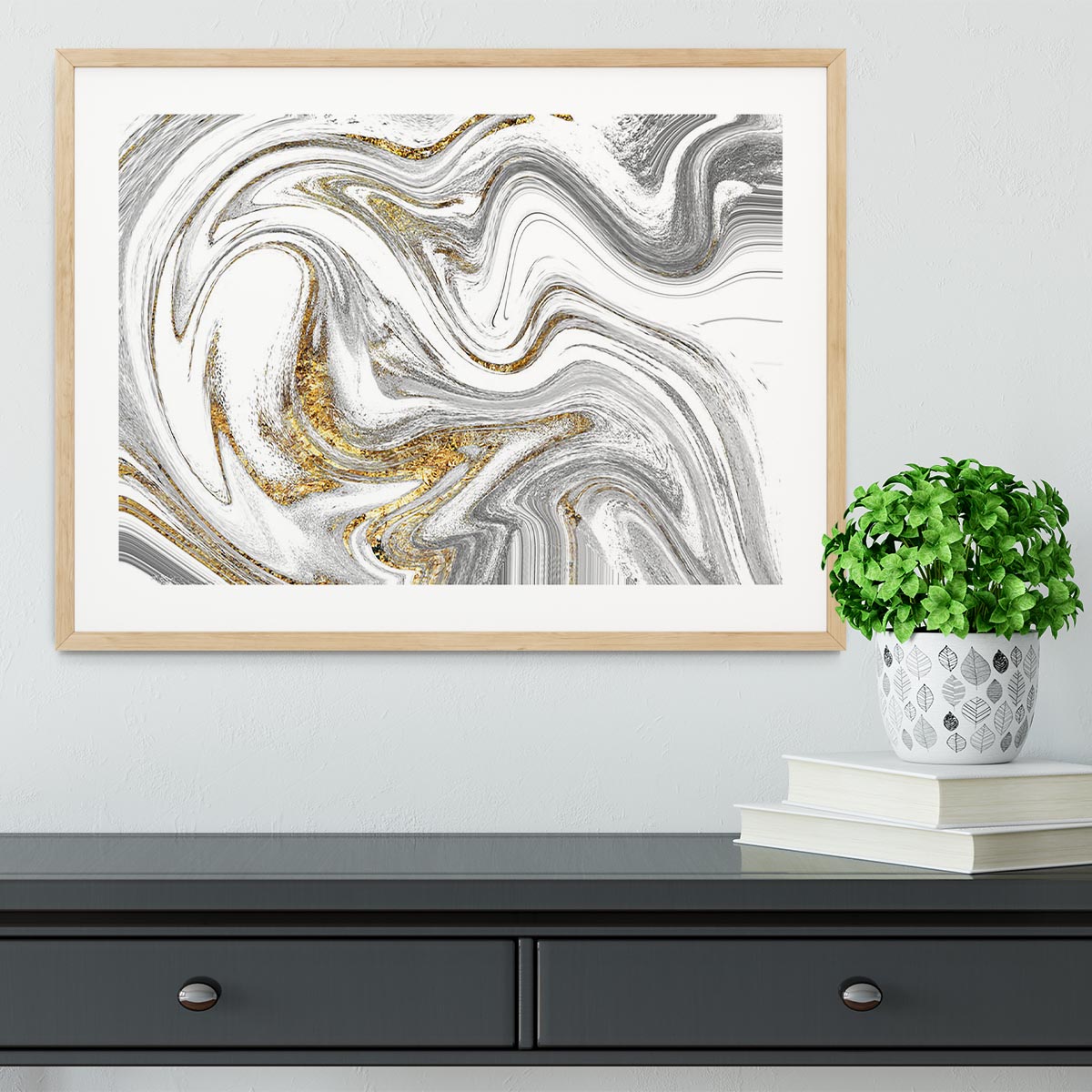 Abstract Swirled White Grey and Gold Marble Framed Print - Canvas Art Rocks - 3