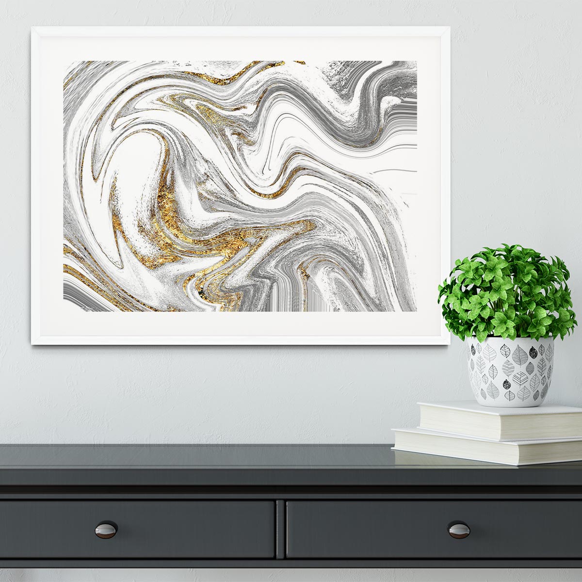 Abstract Swirled White Grey and Gold Marble Framed Print - Canvas Art Rocks - 5