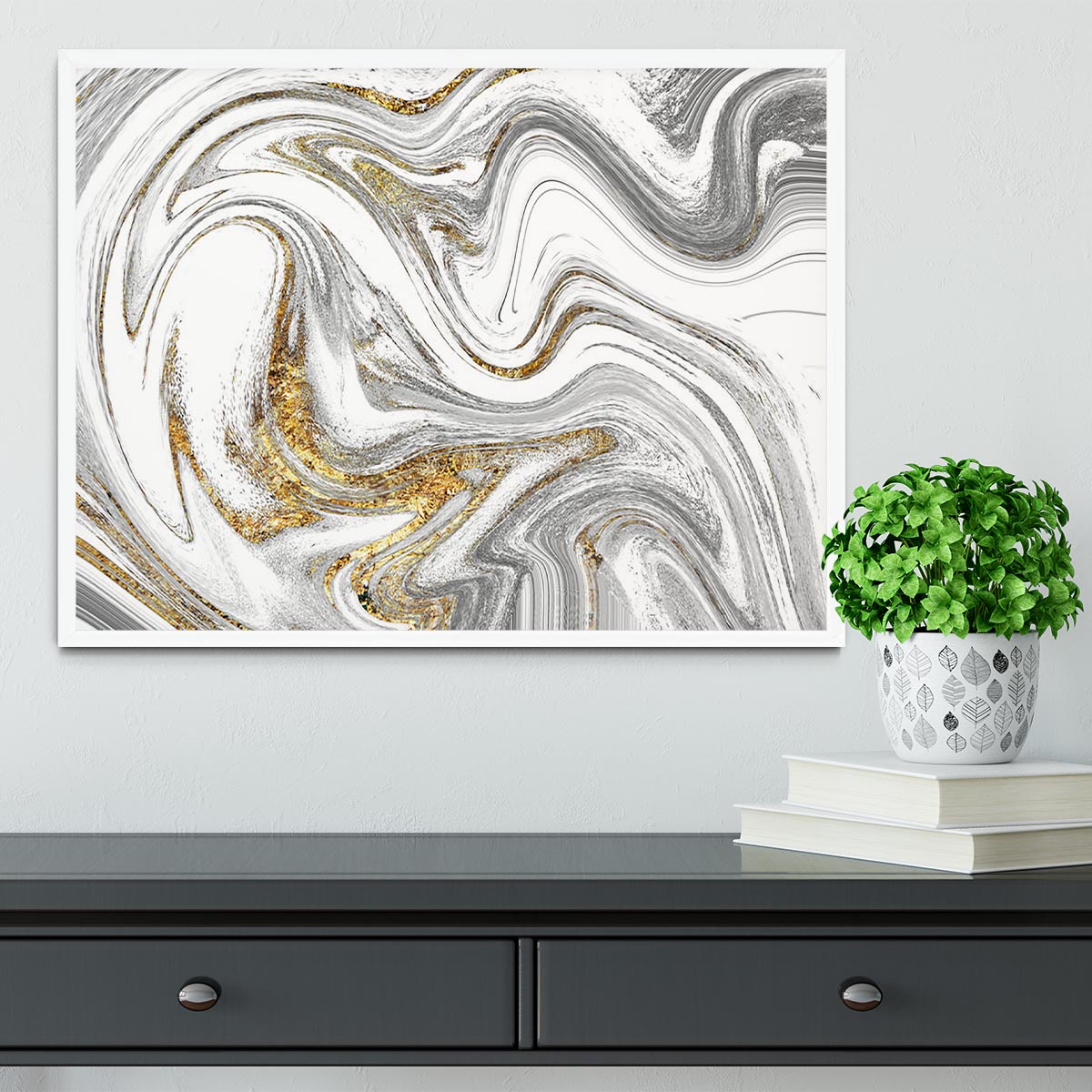 Abstract Swirled White Grey and Gold Marble Framed Print - Canvas Art Rocks -6