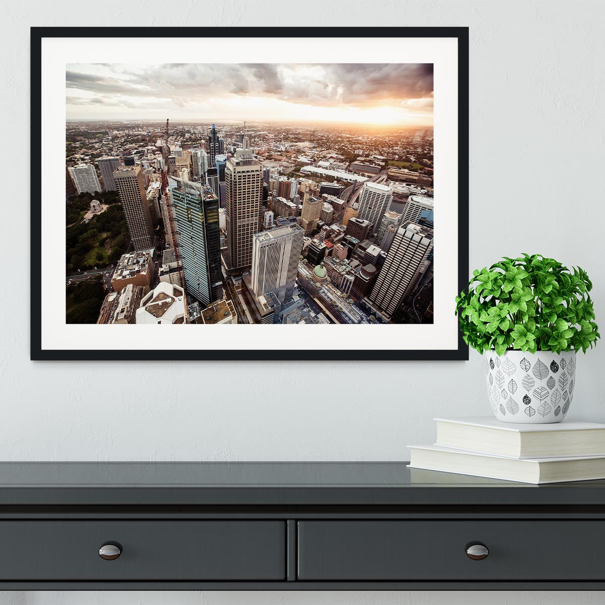 Aerial view of downtown Sydney at sunset Framed Print - Canvas Art Rocks - 1