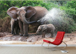 African elephant mother and baby cooling off Wall Mural Wallpaper - Canvas Art Rocks - 2