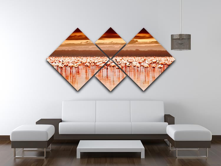 African flamingos in the lake over beautiful sunset 4 Square Multi Panel Canvas - Canvas Art Rocks - 3