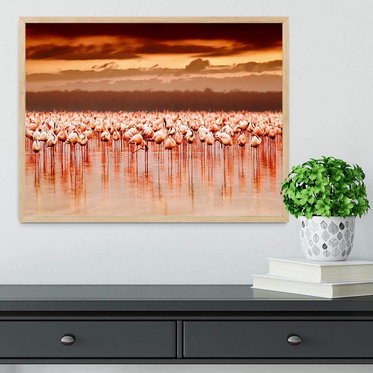 African flamingos in the lake over beautiful sunset Framed Print - Canvas Art Rocks - 4