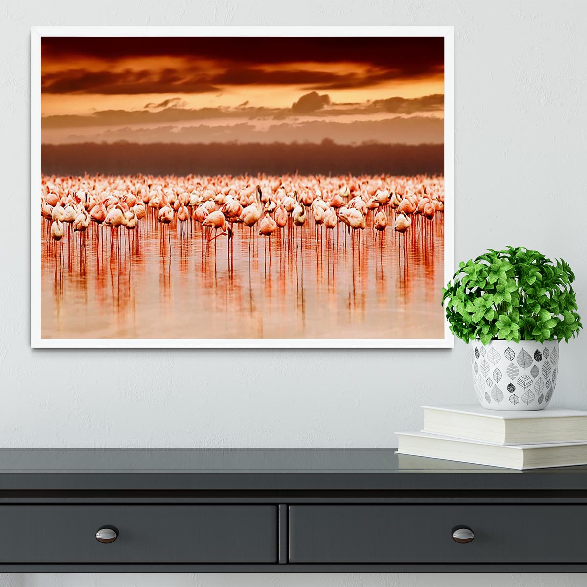 African flamingos in the lake over beautiful sunset Framed Print - Canvas Art Rocks -6