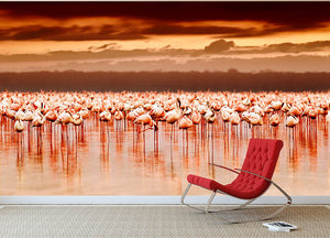 African flamingos in the lake over beautiful sunset Wall Mural Wallpaper - Canvas Art Rocks - 2
