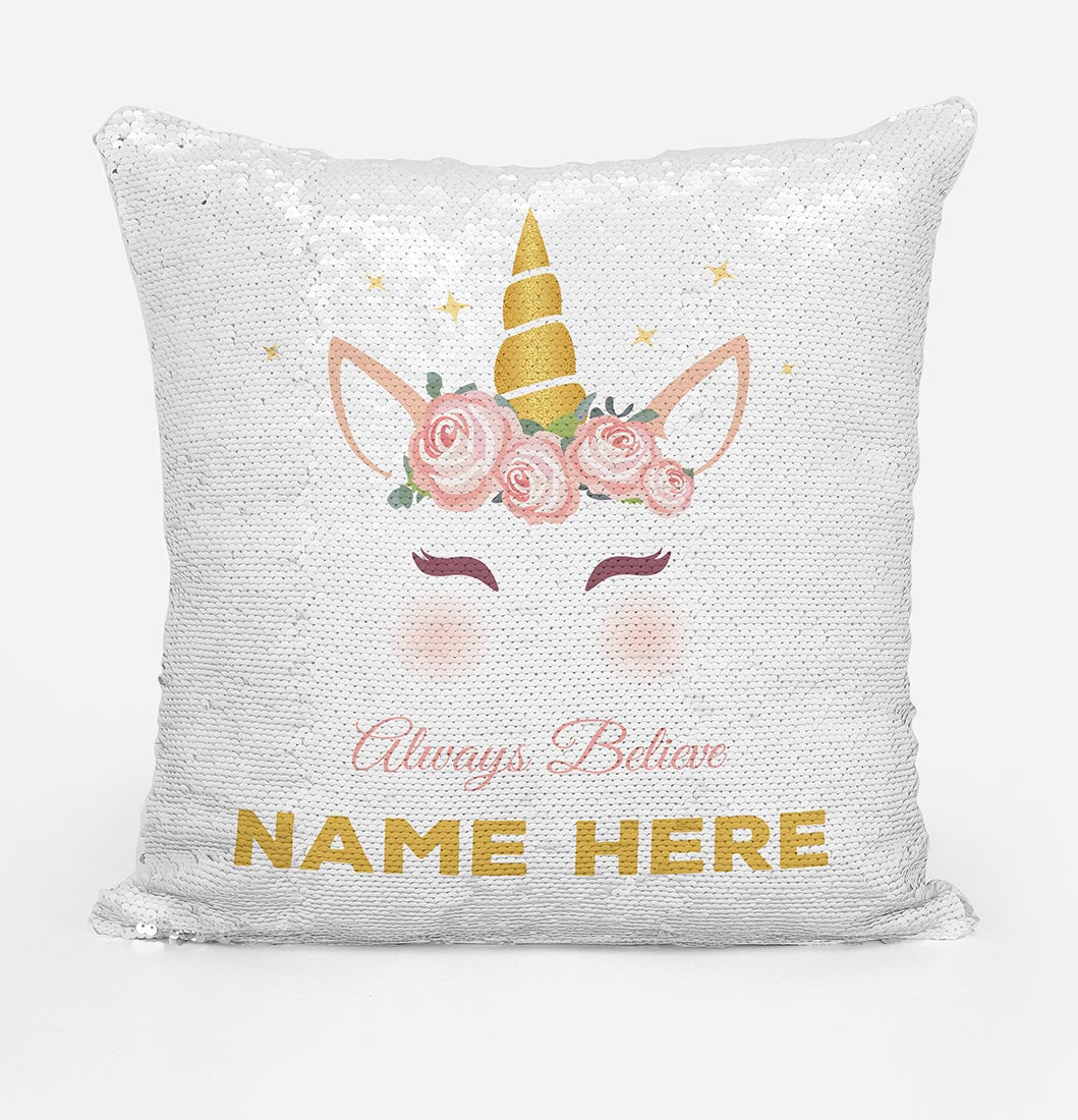 Personalised Unicorn Rose Gold Magic Reveal Cushion