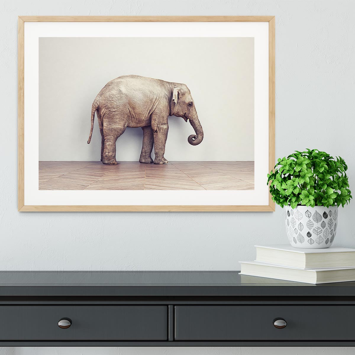 An elephant calm in the room near white wall. Creative concept Framed Print - Canvas Art Rocks - 3