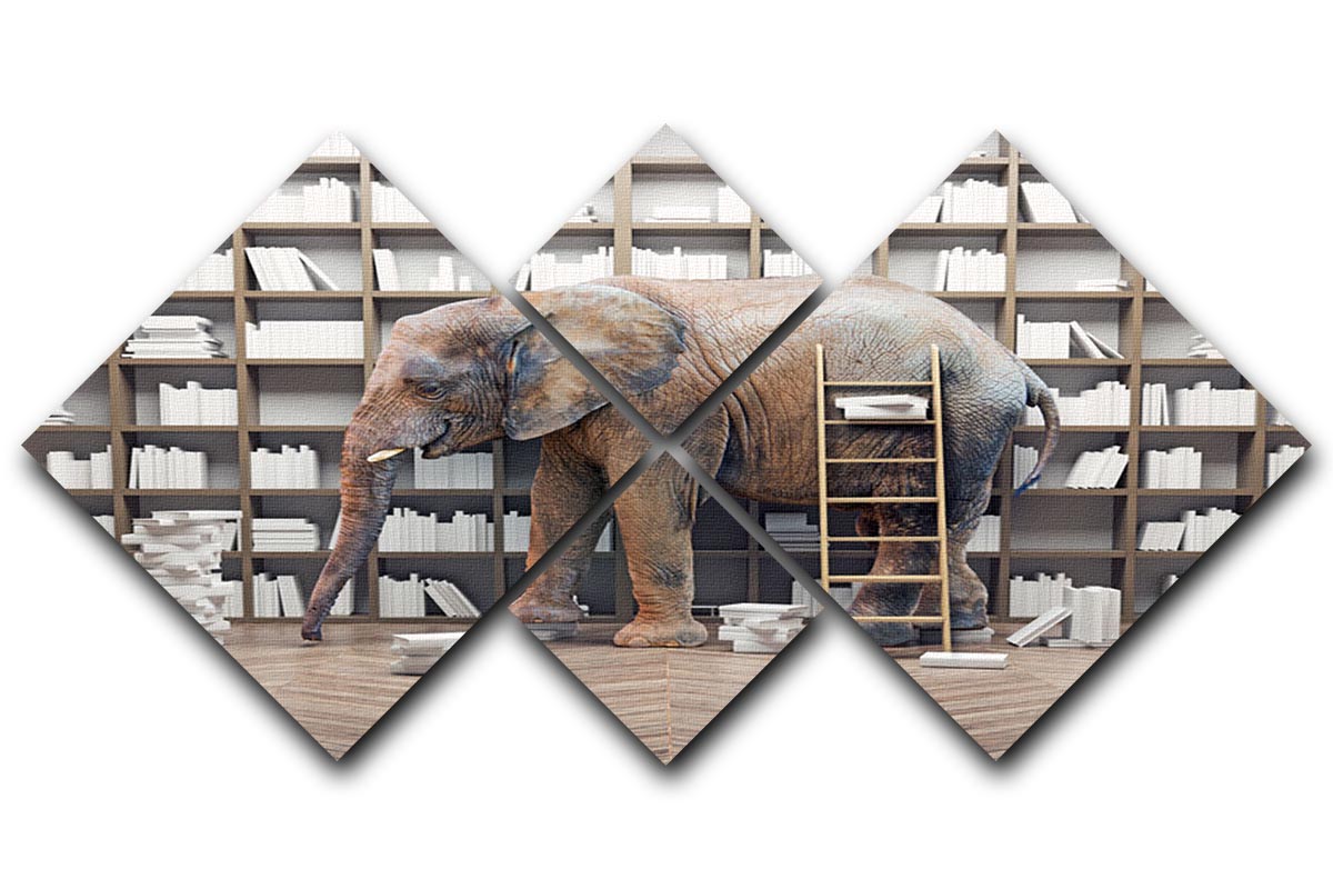 An elephant in the room with book shelves 4 Square Multi Panel Canvas - Canvas Art Rocks - 1
