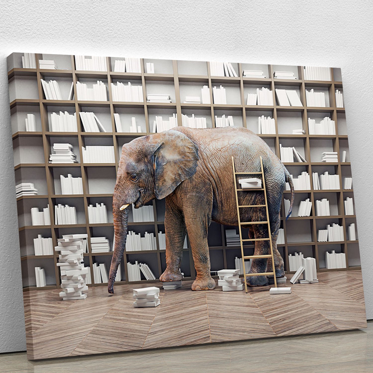 An elephant in the room with book shelves Canvas Print or Poster - Canvas Art Rocks - 1