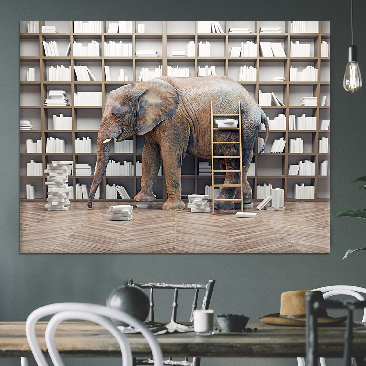 An elephant in the room with book shelves Canvas Print or Poster - Canvas Art Rocks - 3