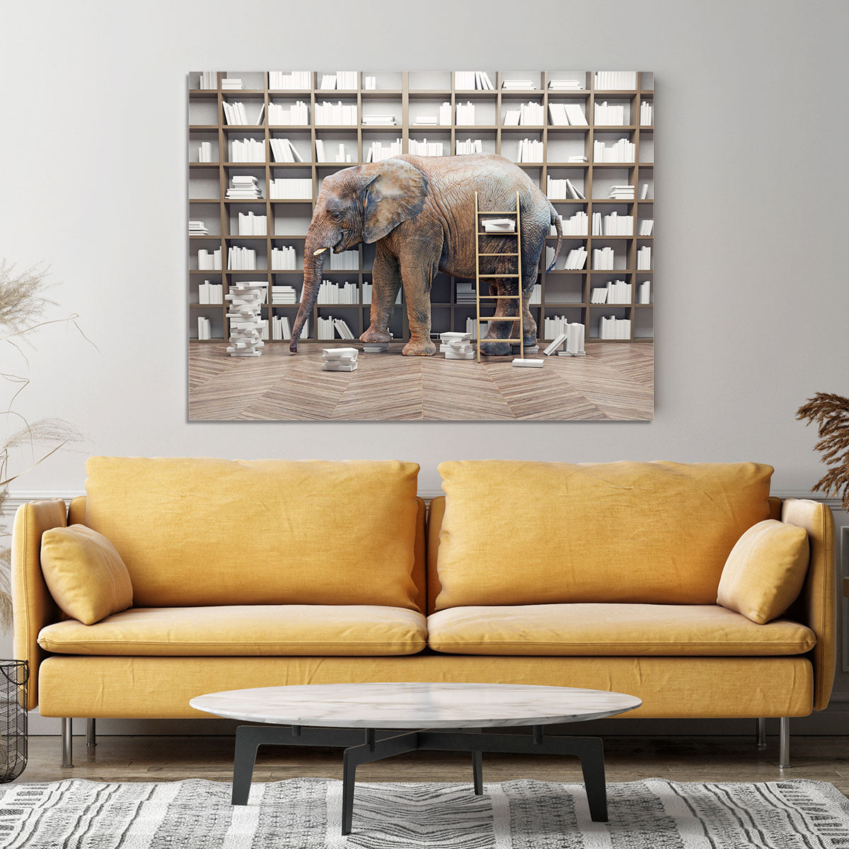 An elephant in the room with book shelves Canvas Print or Poster - Canvas Art Rocks - 4