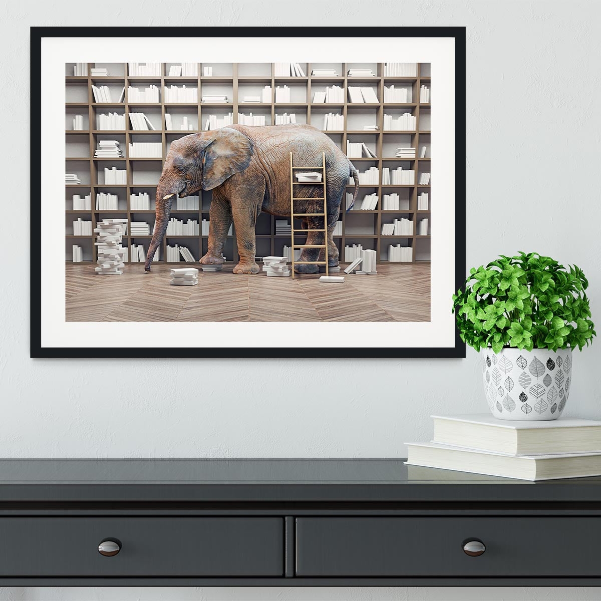 An elephant in the room with book shelves Framed Print - Canvas Art Rocks - 1