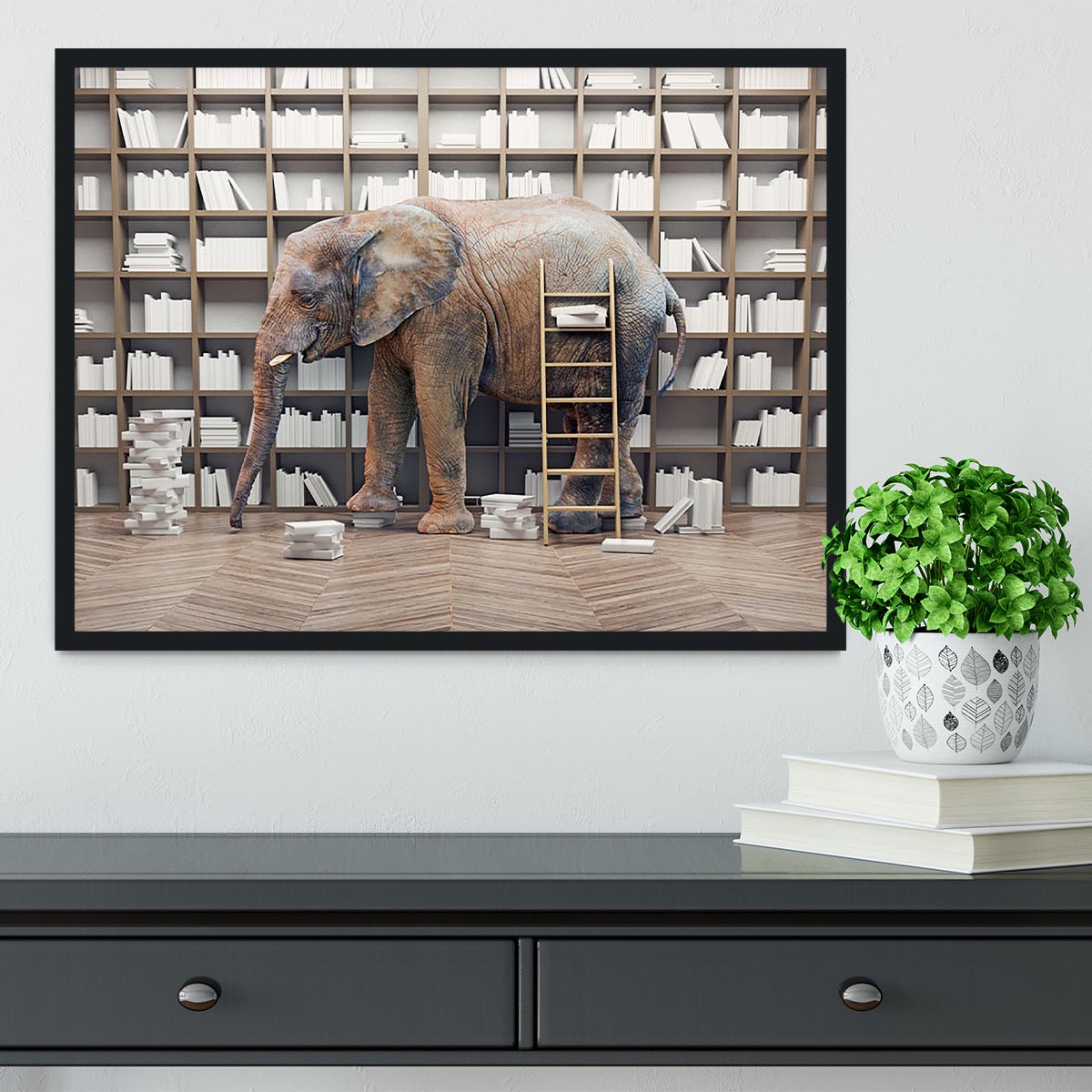 An elephant in the room with book shelves Framed Print - Canvas Art Rocks - 2