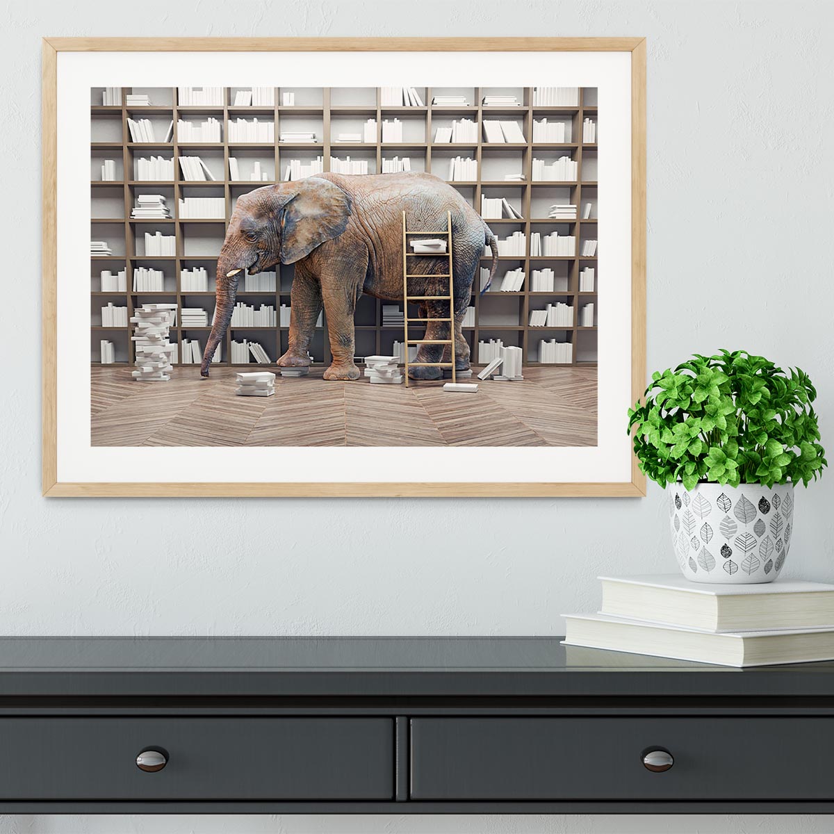 An elephant in the room with book shelves Framed Print - Canvas Art Rocks - 3