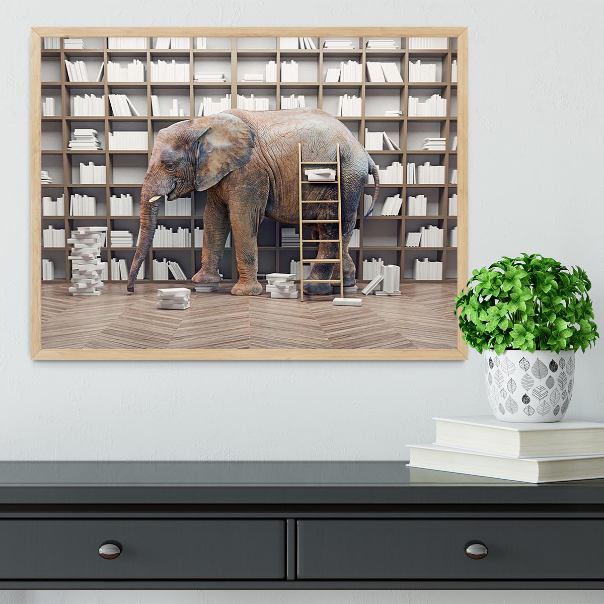 An elephant in the room with book shelves Framed Print - Canvas Art Rocks - 4
