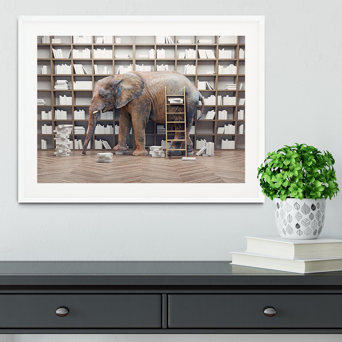 An elephant in the room with book shelves Framed Print - Canvas Art Rocks - 5