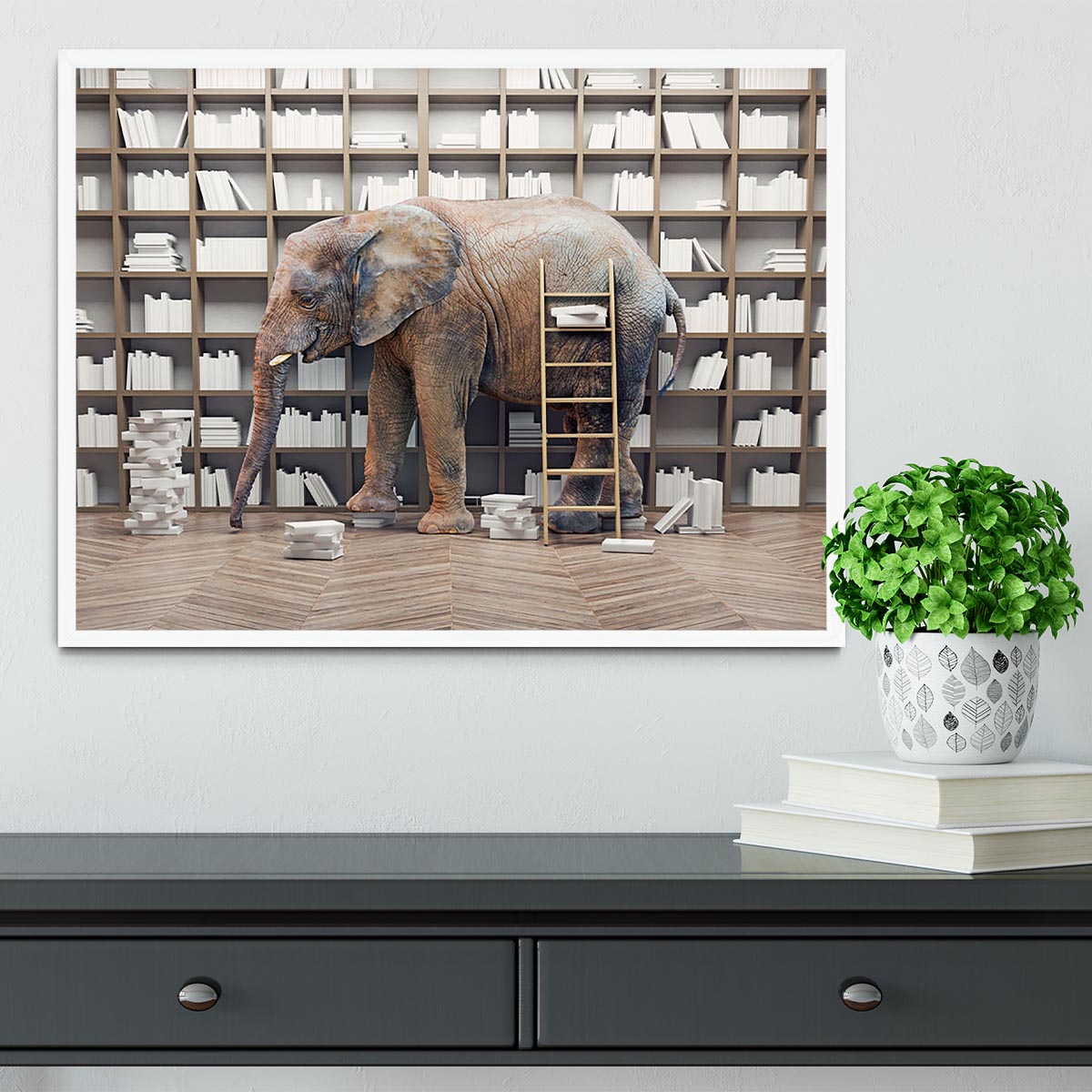 An elephant in the room with book shelves Framed Print - Canvas Art Rocks -6